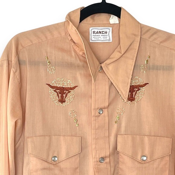 1970s RANCH Western Wear Light Brown Gold Embroidered Pearl Snap Shirt 16-16.5 - Picture 2 of 3